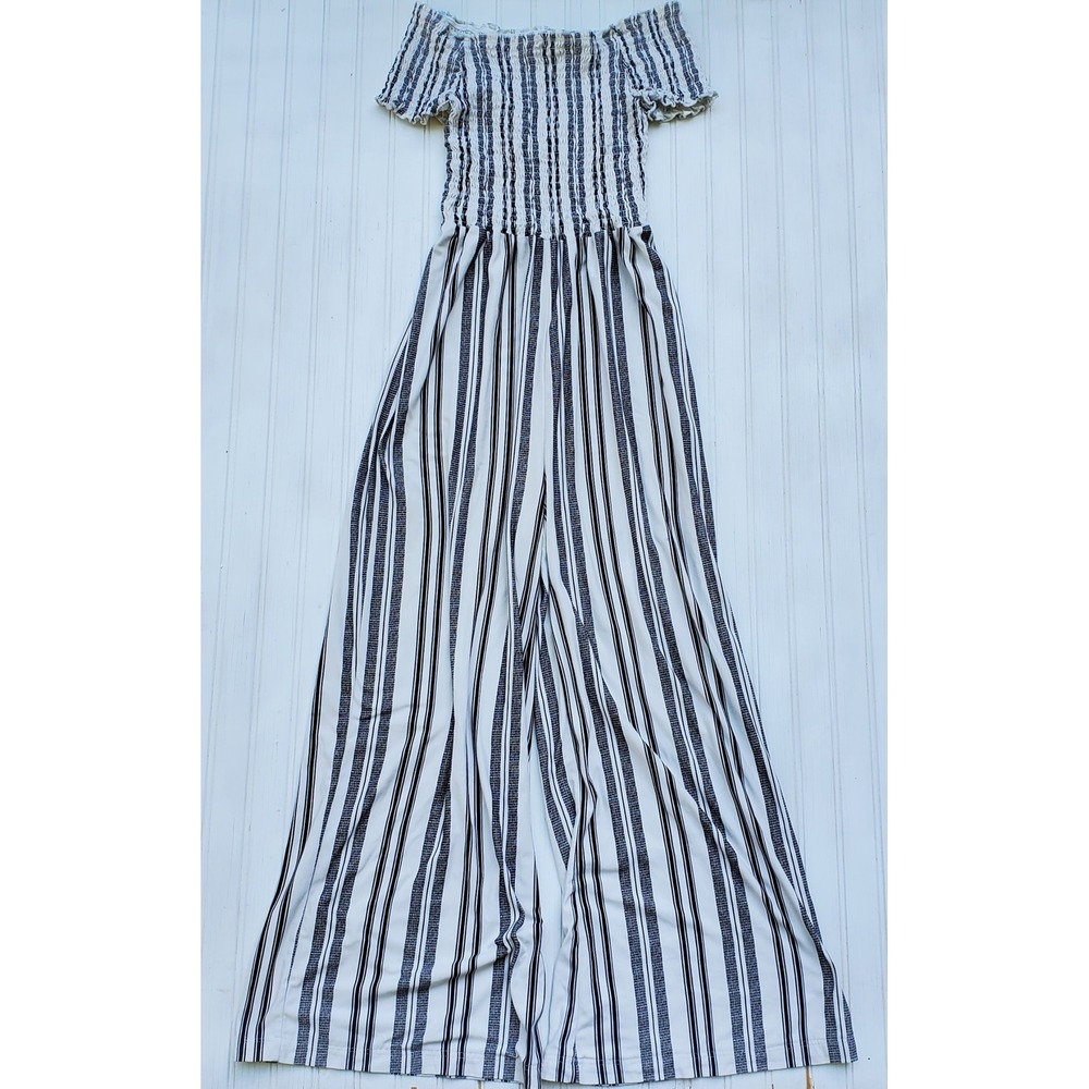 Rue21 Womens Smocked Off Shoulder Wide Leg Striped Jumpsuit Black White Small